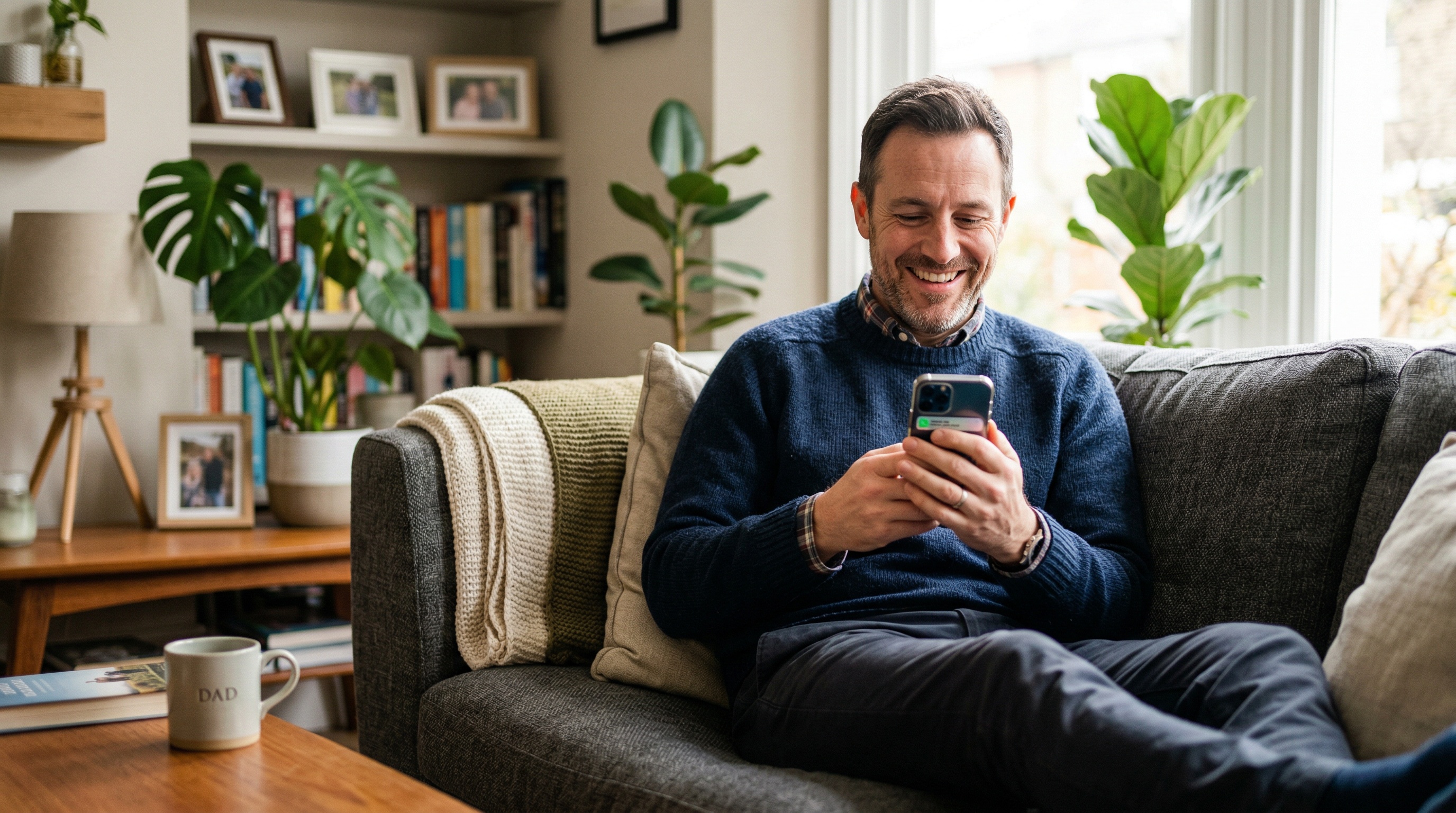 Man smiling while checking his rental finances on his phone from the sofa
